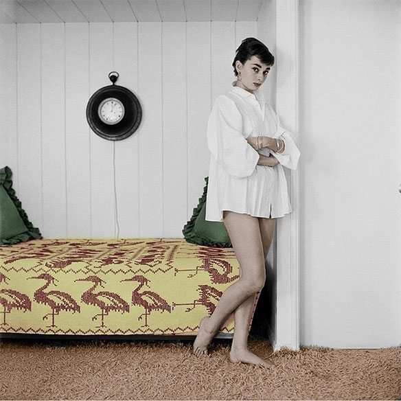 Audrey Hepburn in white shirt at home, photo by Mark Shaw