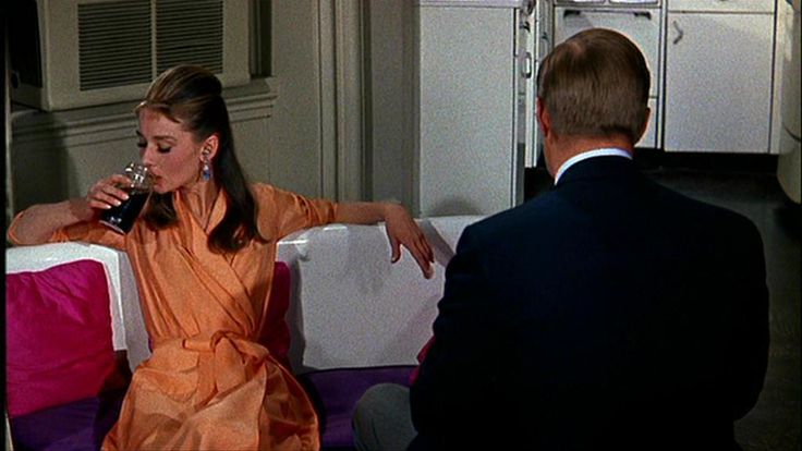 Audrey Hepburn movie costume in film Breakfast at Tiffany's(1961), the complete wardrobe of Holly Golightly: Coral colored sleeping robe with suit collar