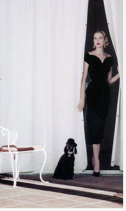 Elegant style icon wardrobe essentials: Grace Kelly in black dress, photo by Howell Conant, 1955