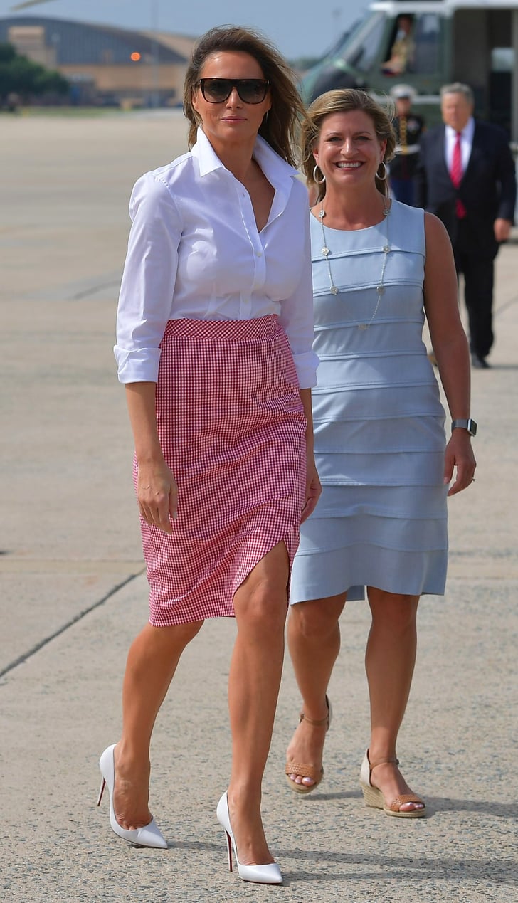 Melania Trump in white button-down and red-and-white gingham pencil skirt by Altuzarra, 1 July 2017