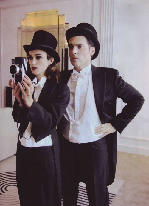 Elegant icon wardrobe essentials: Keira Knightly in white shirt, Keira Knightley with Joe Wright, 2007