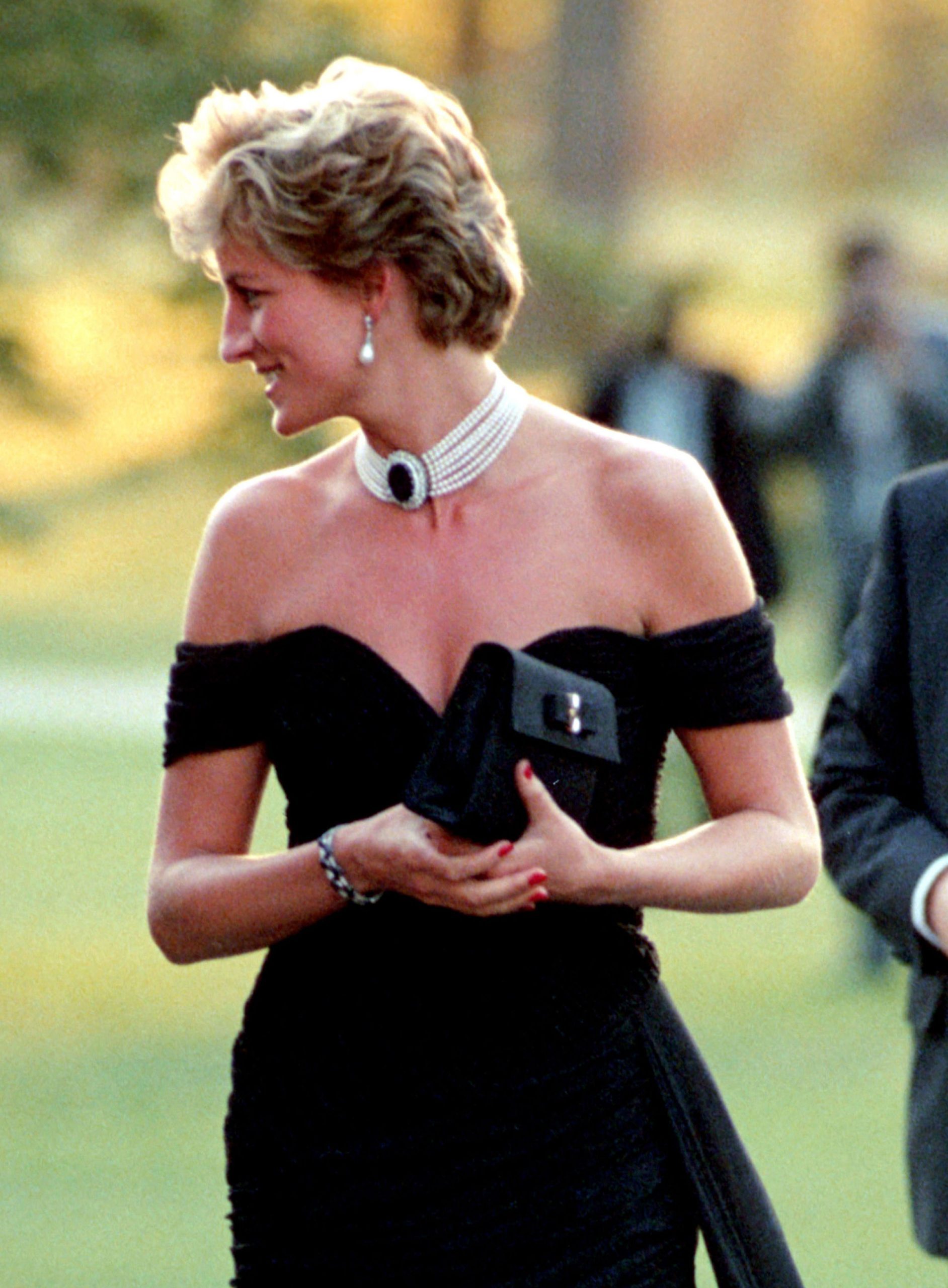 Princess Diana's revenge dress, the black silk off-the-shoulder dress designed by Christina Stambolian, 29 June 1994