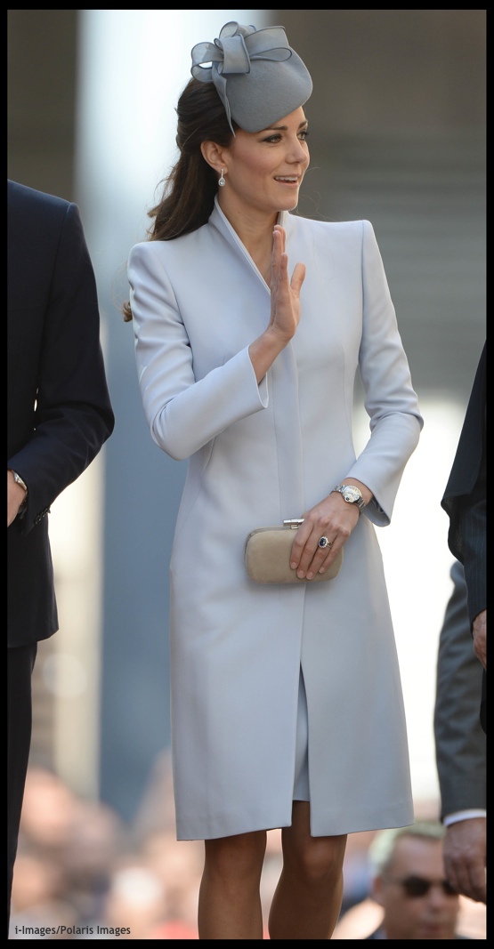 Kate Middleton dove grey coat/coatdress with funnel neck custom made/bespoke by Alexander McQueen, ​20 April 2014