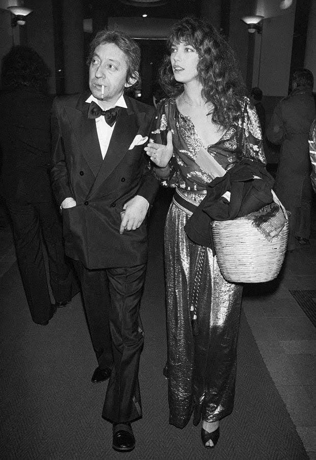Jane Birkin carrying her omnipresent wicker basket, with Serge Gainsbourg