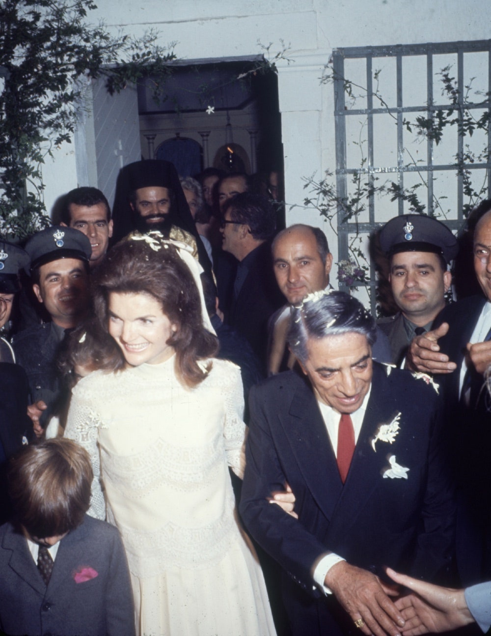 Jacqueline Kennedy Onassis with her husband Aristotle Onassis on their wedding day, 20 October 1968