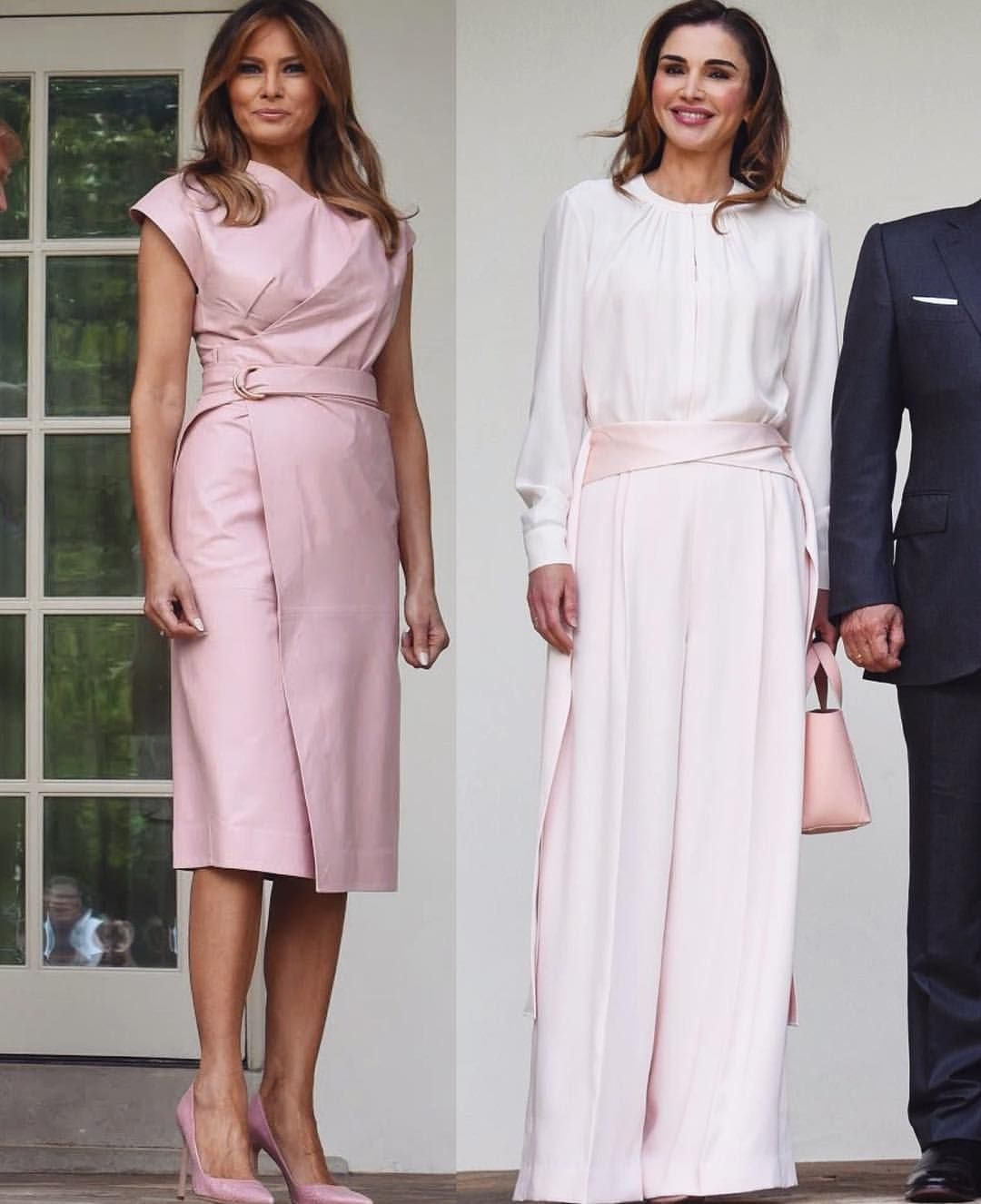 Queen Rania of Jordan pink satin-trimmed crepe wide-leg pants by Adeam