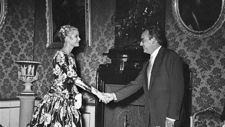Grace Kelly square neck floral dress by McCall on her first meeting with Prince Rainier III in Monaco in 1955