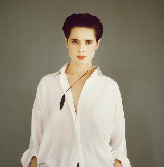 Elegant style icon wardrobe essentials: Isabella Rosellini in white shirt
