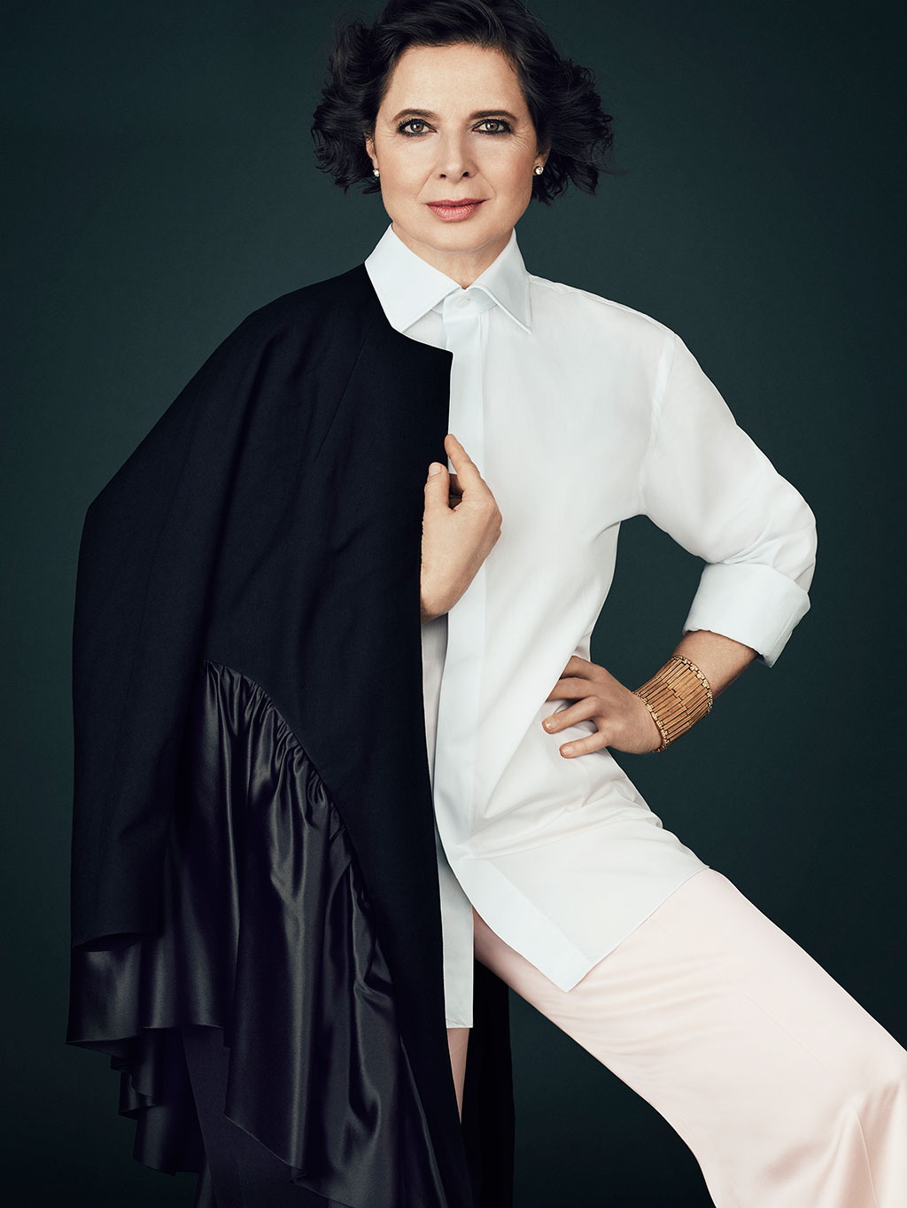 Elegant style icon wardrobe essentials: Isabella Rosellini in white shirt
