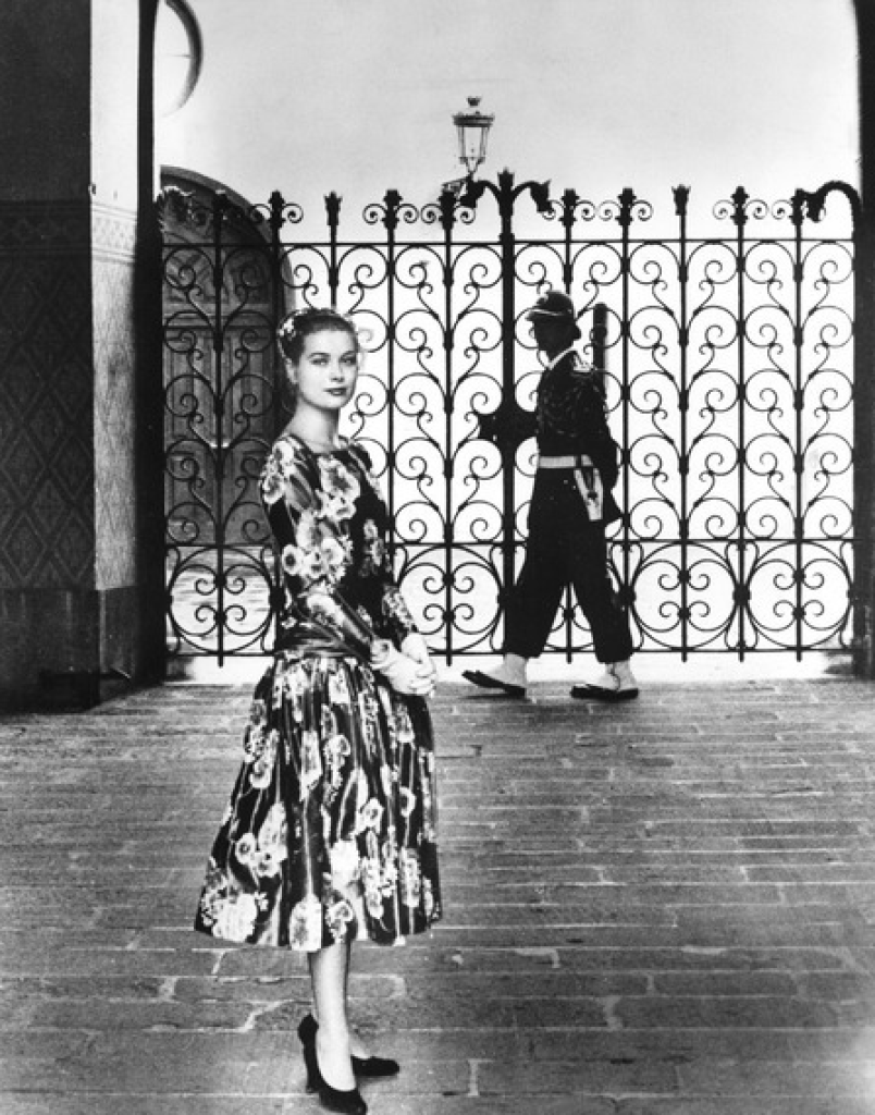 Grace Kelly square neck floral dress by McCall on her first meeting with Prince Rainier III in Monaco in 1955