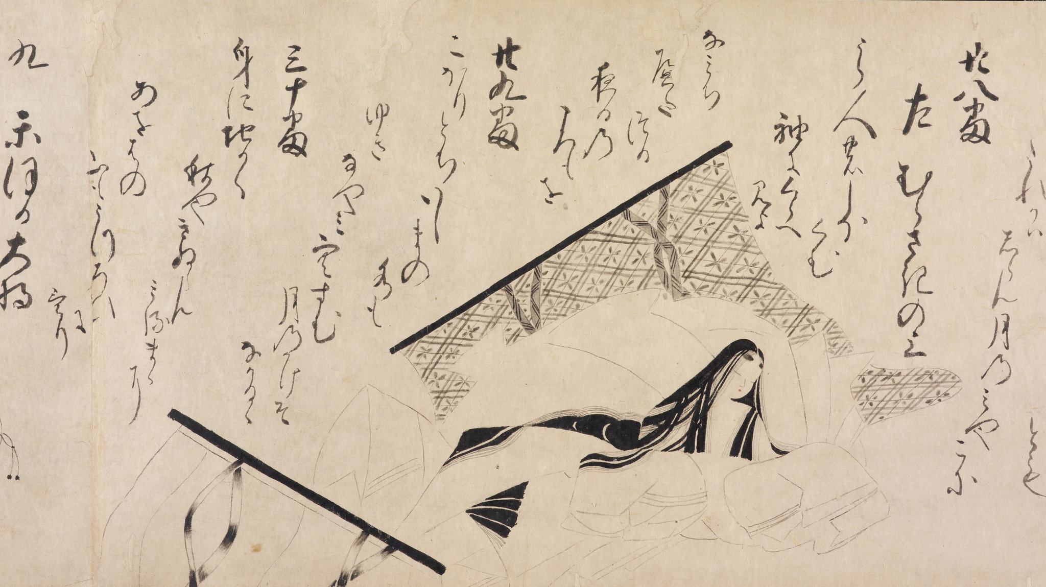 “The Genji Poetry Match,” an ink-line handscroll by an unidentified artist, from the first half of the 16th century. Credit: John C. Weber Collection
