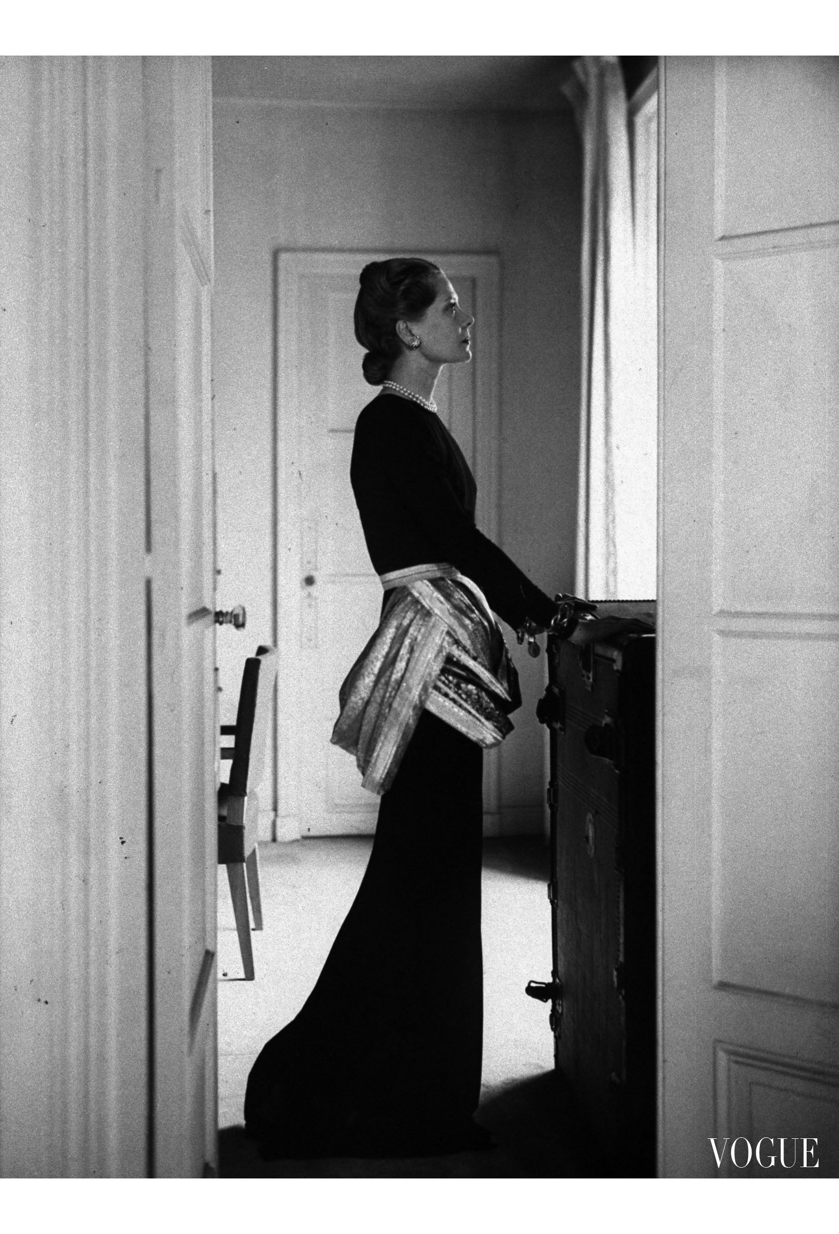 Mrs. John C. Wilson in dress made by Mainbocher, Vogue, 1947