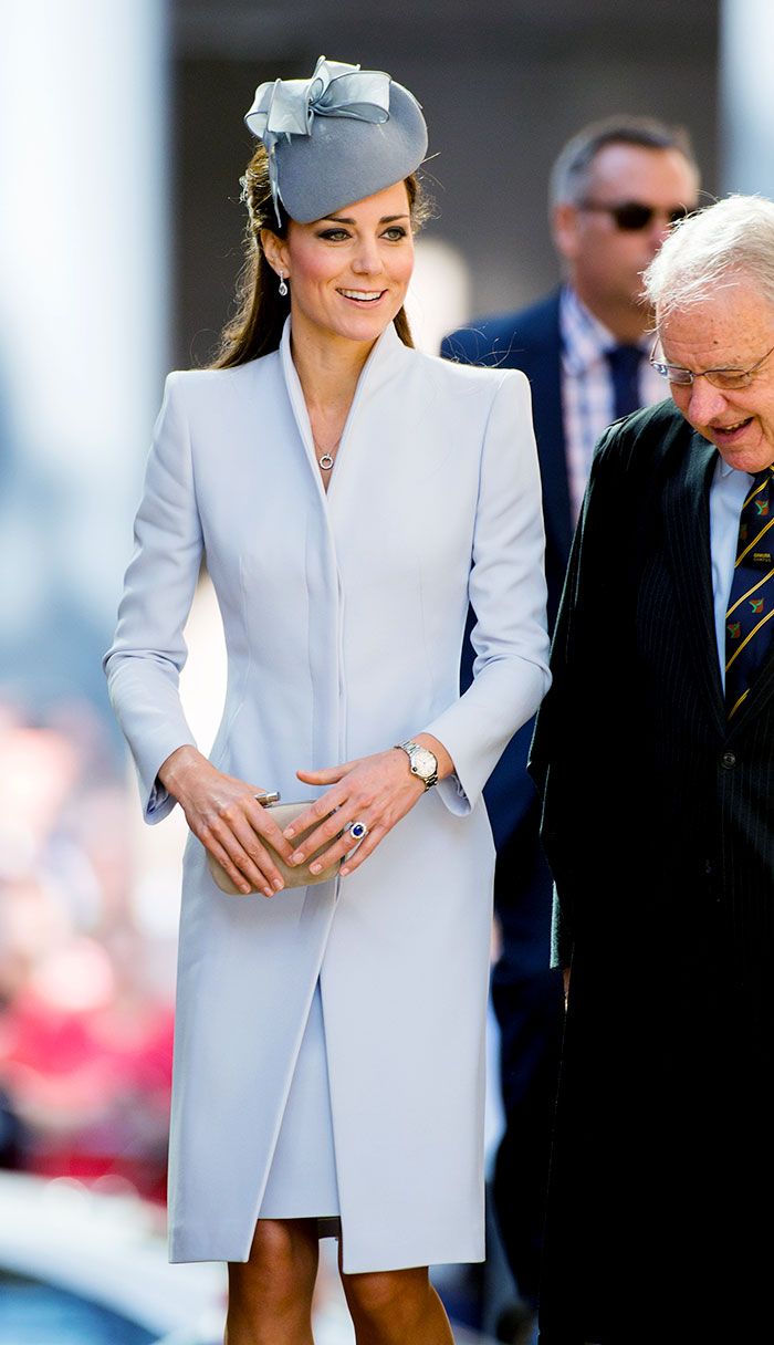 Kate Middleton dove grey coat/coatdress with funnel neck custom made/bespoke by Alexander McQueen, ​20 April 2014