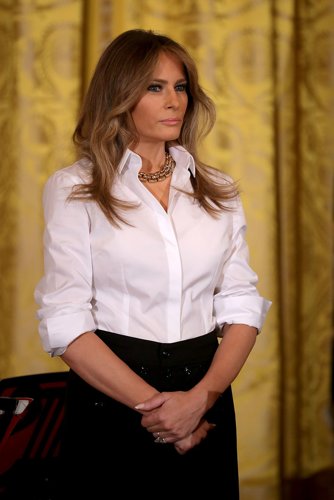 Elegant style icon wardrobe essentials: Melania Trump in white shirt