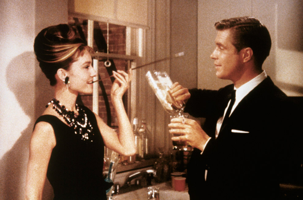 Audrey Hepburn movie costume in film Breakfast at Tiffany's(1961), the complete wardrobe of Holly Golightly:Black sleeveless knee length dress with tie belt and hem fringes