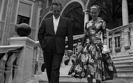 Grace Kelly square neck floral dress by McCall on her first meeting with Prince Rainier III in Monaco in 1955