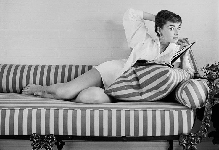 Audrey Hepburn in white shirt at home, photo by Mark Shaw