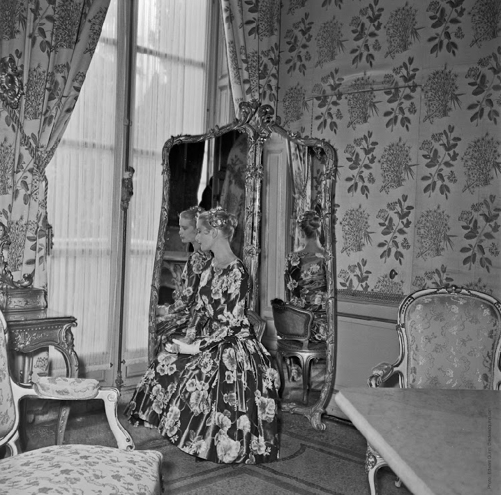 Grace Kelly square neck floral dress by McCall on her first meeting with Prince Rainier III in Monaco in 1955