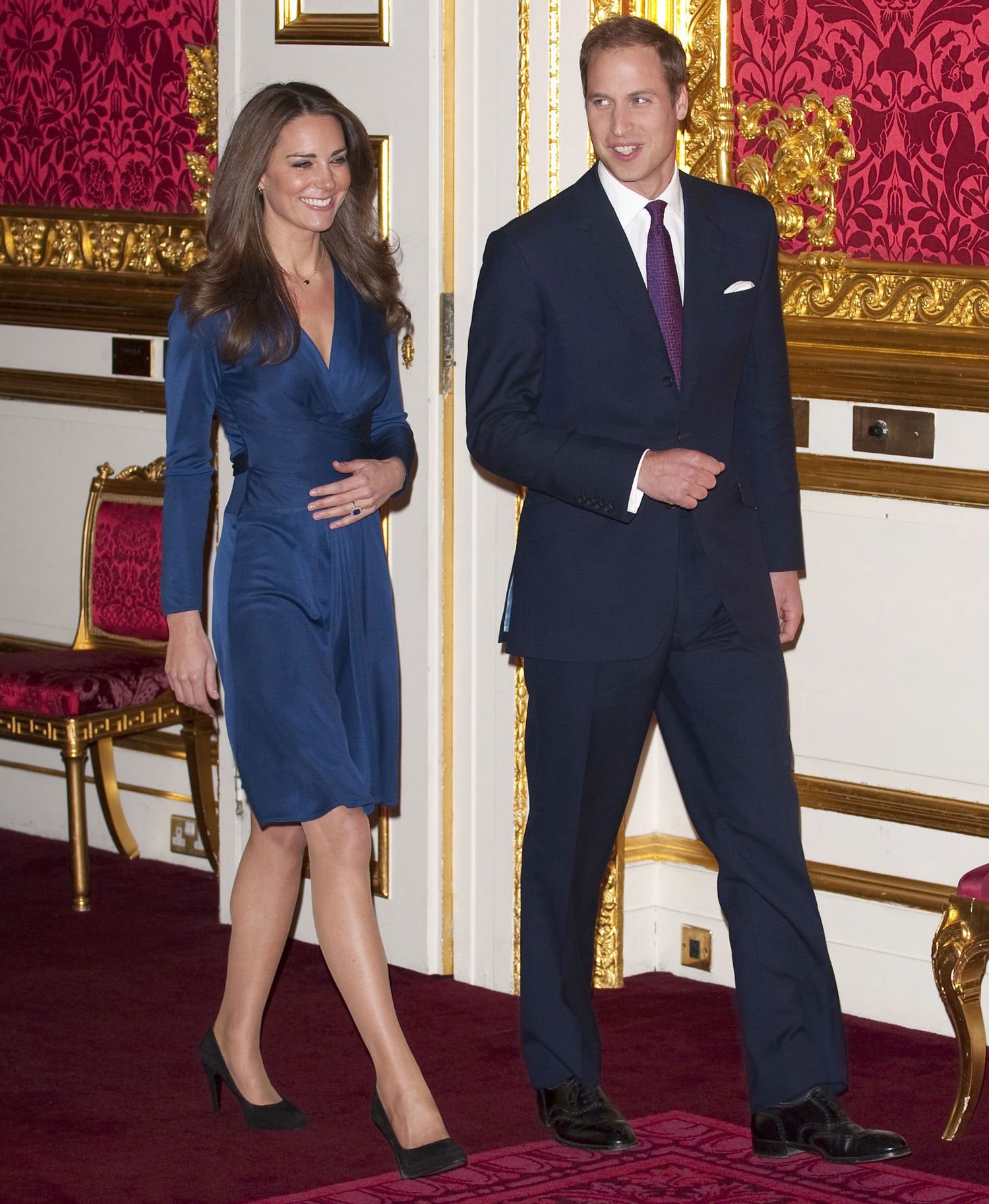 Kate Middleton blue silk jersey knit wrap dress by Issa London or her announcement of engagement with Prince William
