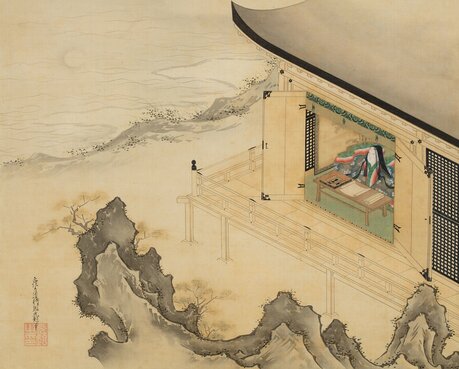 Detail of Tosa Mitsuoki’s “Murasaki Shikibu Gazing at the Moon,” a 17th-century hanging scroll of ink and color on silk. Credit: Ishiyamadera Temple