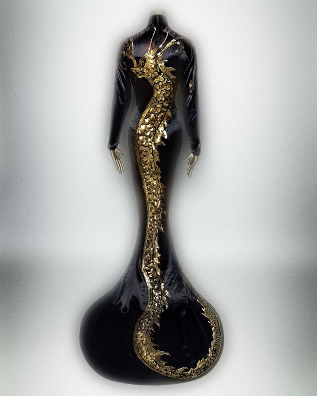 Anna May Wong's black satin sequined gown with dragon motif in film Limehouse Blues, designed by Travis Banton, 1934