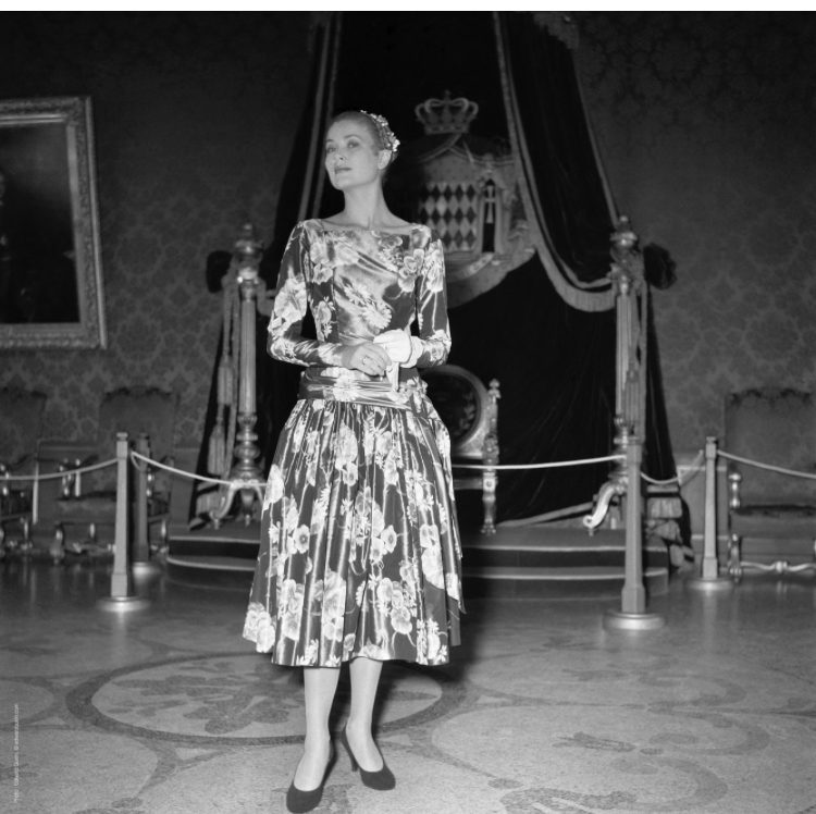 Grace Kelly square neck floral dress by McCall on her first meeting with Prince Rainier III in Monaco in 1955