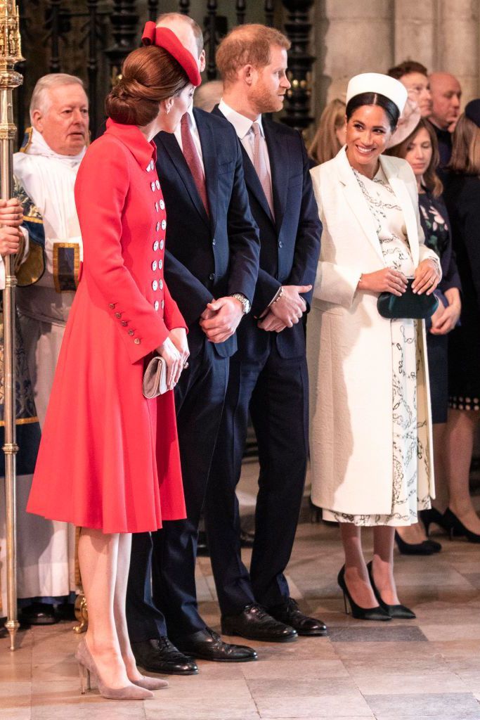 Kate Middleton red double breast military style Russian Greatcoat with gold buttons custom made by Catherine Walker