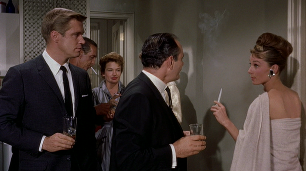 Audrey Hepburn movie costume in film Breakfast at Tiffany's(1961), the complete wardrobe of Holly Golightly: White Bedsheet-turned-one shoulder Grecian style gown