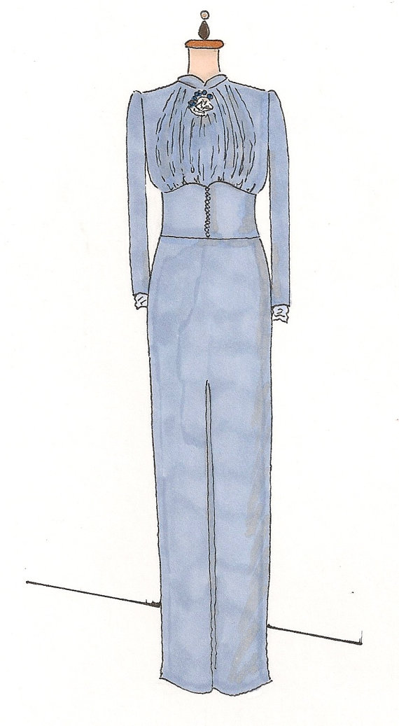 Wallis Simpson Duchess of Windsor 1937 wedding dress ensemble designed by Mainbocher, sketch