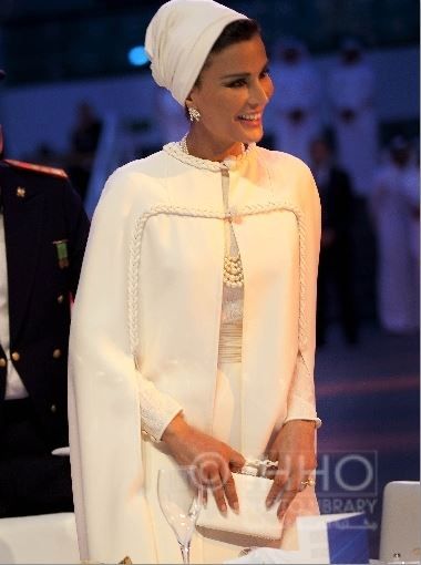 Elegant style icon wardrobe essentials: Sheikha Mozah bint Nasser Al-Missned in headscarves
