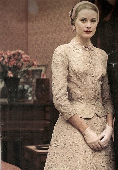 Grace Kelly's elegant pink lace wedding dress of civil ceremony on 18 April 1956