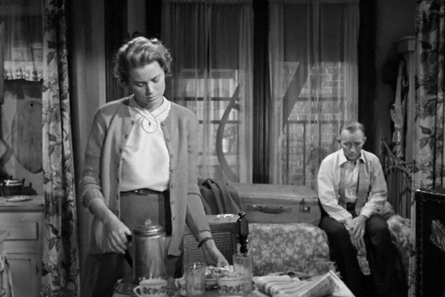 Elegant style icon wardrobe essentials: Grace Kelly in cardigan sweater: Grace Kelly wearing cardigan sweater in film The Country Girl(1954)