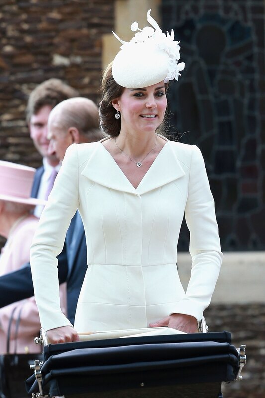 Kate Middleton Duchess of Cambridge bespoke wing lapel wool silk coat dress by Alexander McQueen Charlotte Christening 2015