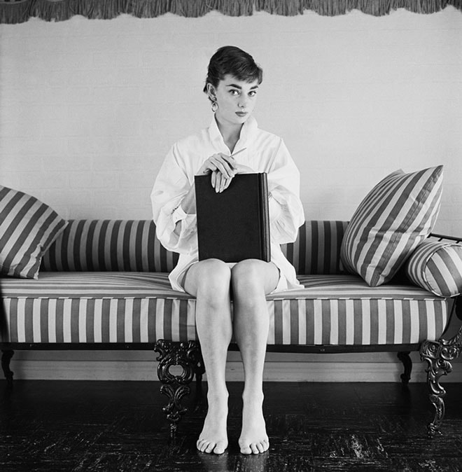 Audrey Hepburn in white shirt at home, photo by Mark Shaw