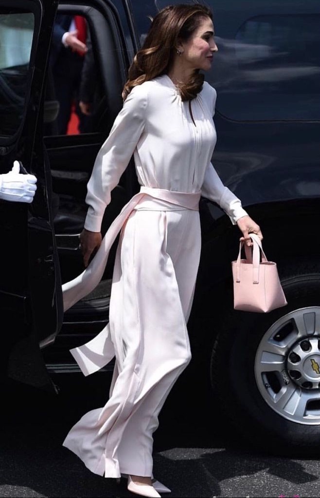 Queen Rania of Jordan pink satin-trimmed crepe wide-leg pants by Adeam