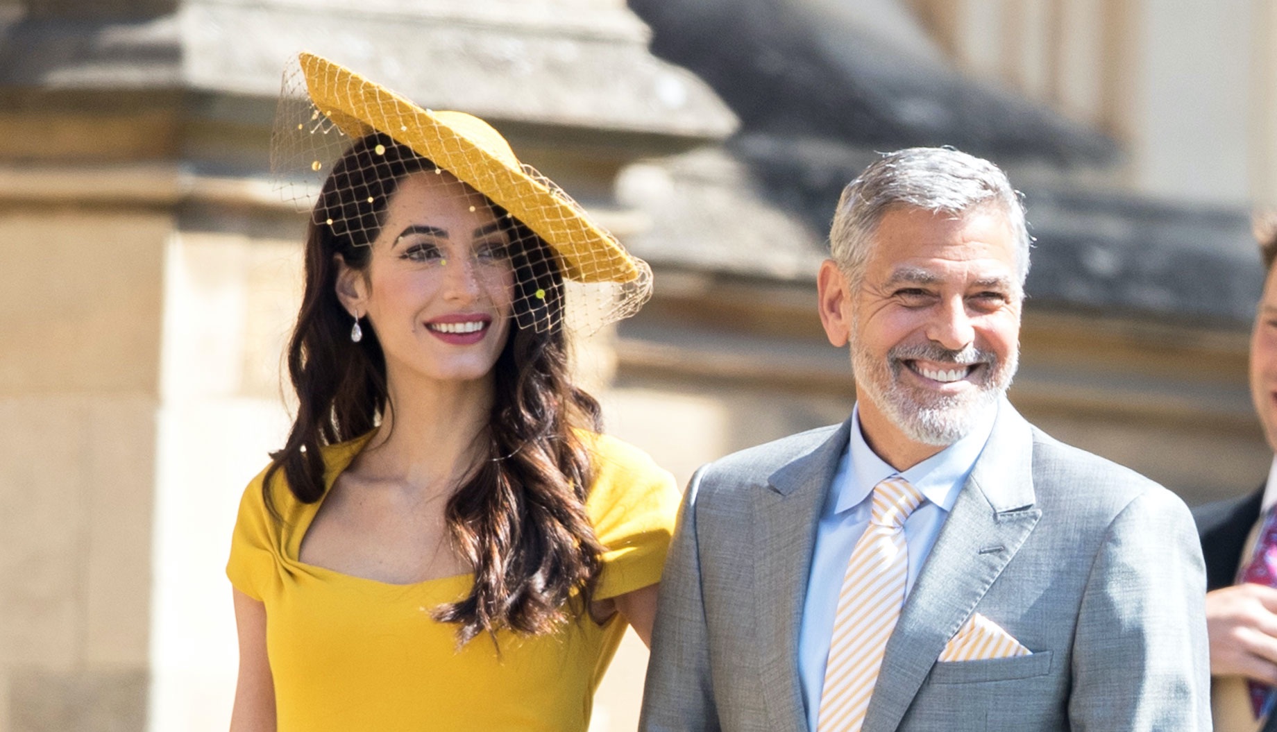 Amal Clooney yellow  tie-back crepe dress on Meghan Markle royal wedding custom made by Stella McCartney