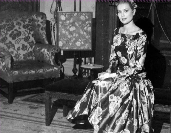 Grace Kelly square neck floral dress by McCall on her first meeting with Prince Rainier III in Monaco in 1955