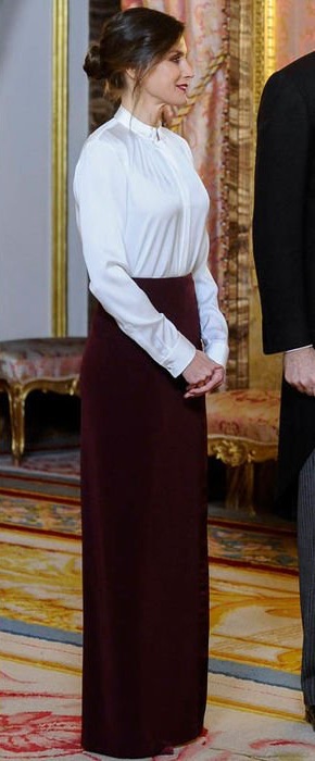 Queen Letizia burgundy maxi skirt with satin band and side buttons custom made by Felipe Varela