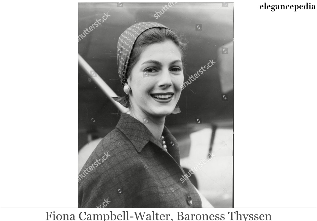 Elegant icon wardrobe essentials: Fiona Campbell-Walter, Baroness Thyssen in headscarves