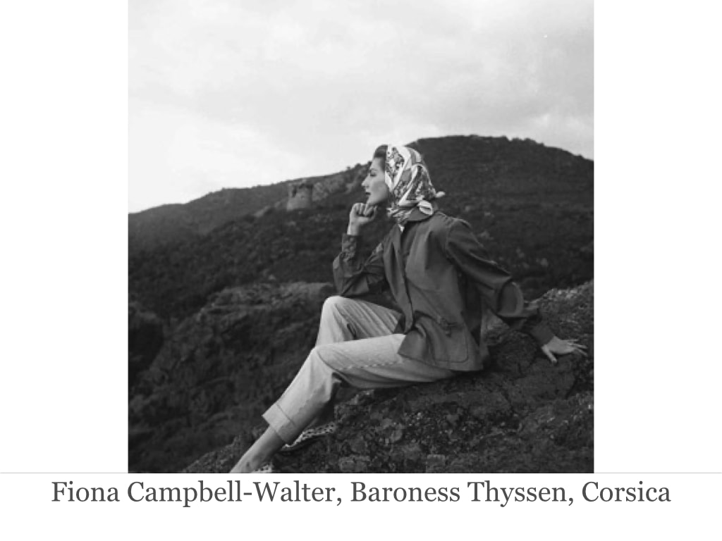 Elegant icon wardrobe essentials: Fiona Campbell-Walter, Baroness Thyssen in headscarves