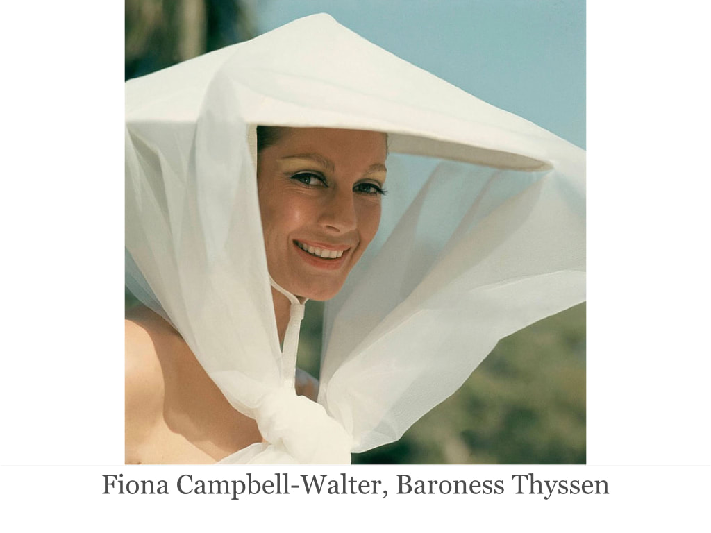 Elegant icon wardrobe essentials: Fiona Campbell-Walter, Baroness Thyssen in headscarves