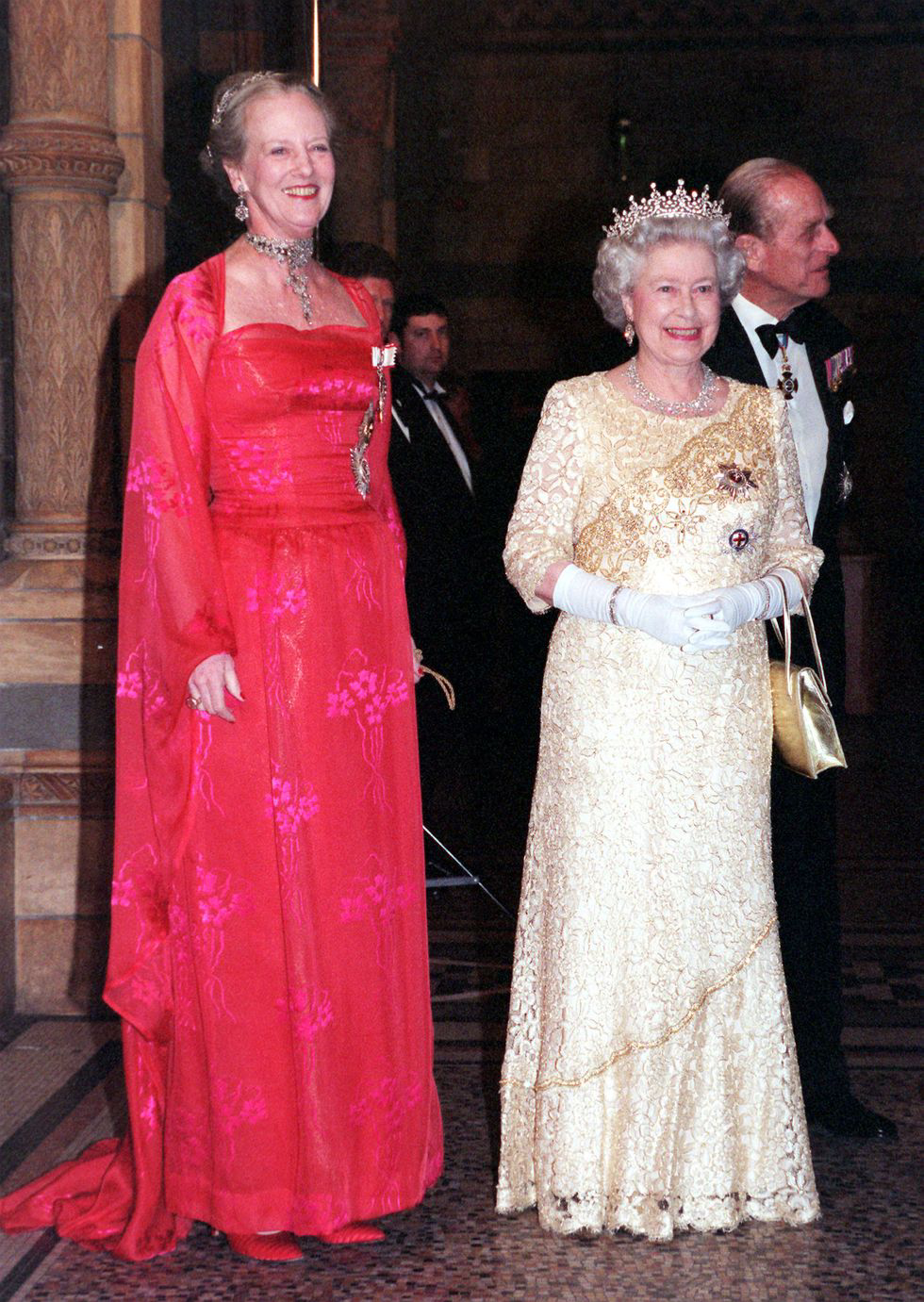 Queen Margrethe II of Denmark with Queen Elizabeth II of England, 2000. Getty Images