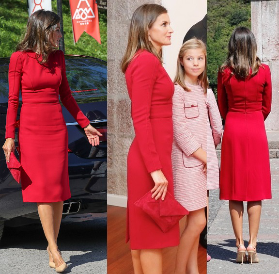 Queen Letizia red panelled dress with keyhole neckline custom made by Carolina Herrera