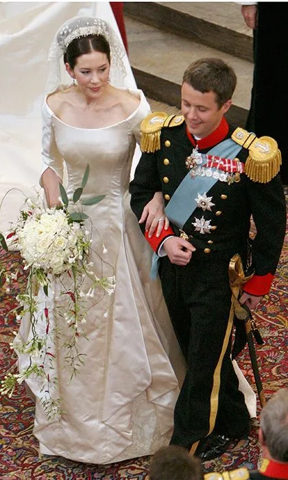 Mary Donaldson’s wedding dress on her 2004 wedding to Crown Prince Frederik of Denmark designed by Uffe Frank