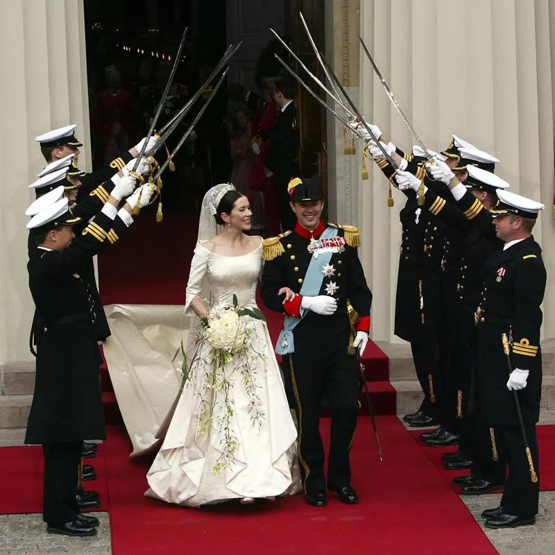 Mary Donaldson’s wedding dress on her 2004 wedding to Crown Prince Frederik of Denmark designed by Uffe Frank