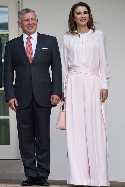 Queen Rania of Jordan pink satin-trimmed crepe wide-leg pants by Adeam