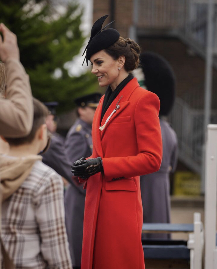 Kate Middleton in custom made red Alexander McQueen double-breast midi coat, 1 March 2023. Photo: Kensington Palace