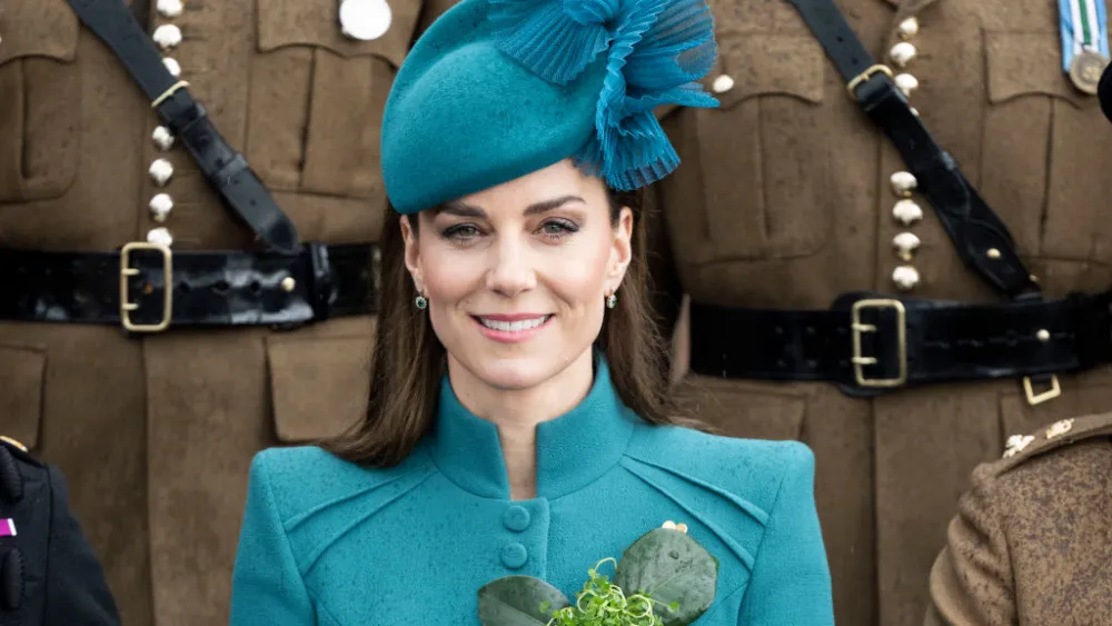 Kate Middleton in a custom made teal blue Catherine Walker coat dress for St. Patrick’s Day Parade, 17 March 2023. Getty Images