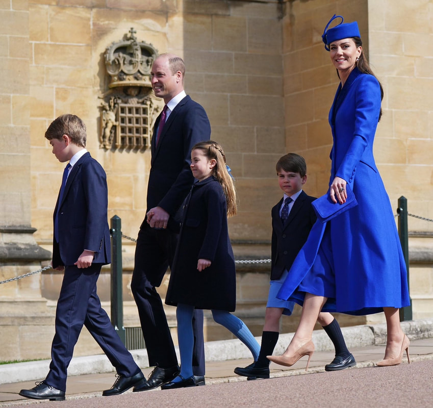 Kate Middleton in a bespoke cobalt blue Catherine Walker coat dress with velvet shawl collar for the Easter Sunday Service. 9 April 2023. Photo: Kensington Palace