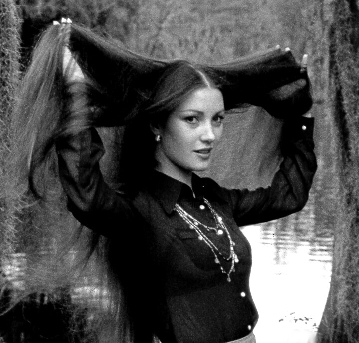 English actress Jane Seymour photographed between takes on the set of the 007 movie Live & Let Die in 1972, by photographer Paul Berriff. 